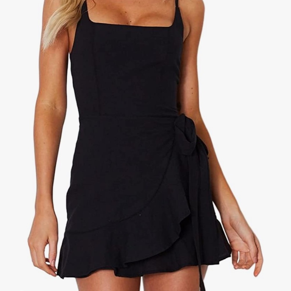 Relipop Women's Dress Spaghetti Strap Waist Tie Knot Wrap Front Black